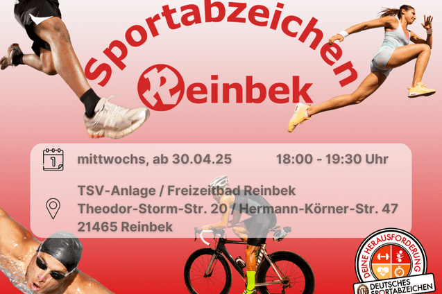 ein Schwimmer, Radfahrerin, Läufer und eine Springerin auf rot weißem Hintergrund. Inklusive Orts- und Datumsangabe