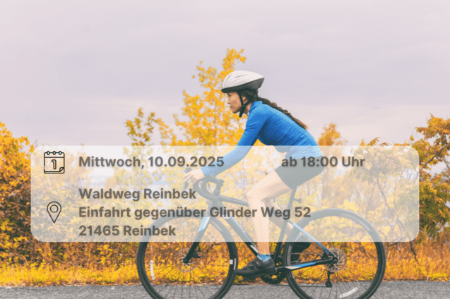 Fahrradfahrende Frau mit Textinformationen zur Abnahme der Radprüfung 200m am 10. September 2025