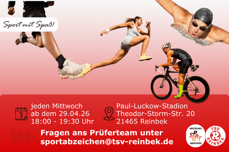 Einzelbilder einer L&auml;uferin, eines Schwimmers und eines Radfahrers auf rot-wei&szlig;em Hintergrund. Bild enth&auml;lt Orts- und Datumsangabe