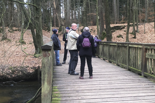 Personen stehen auf einer Brücke im Wald