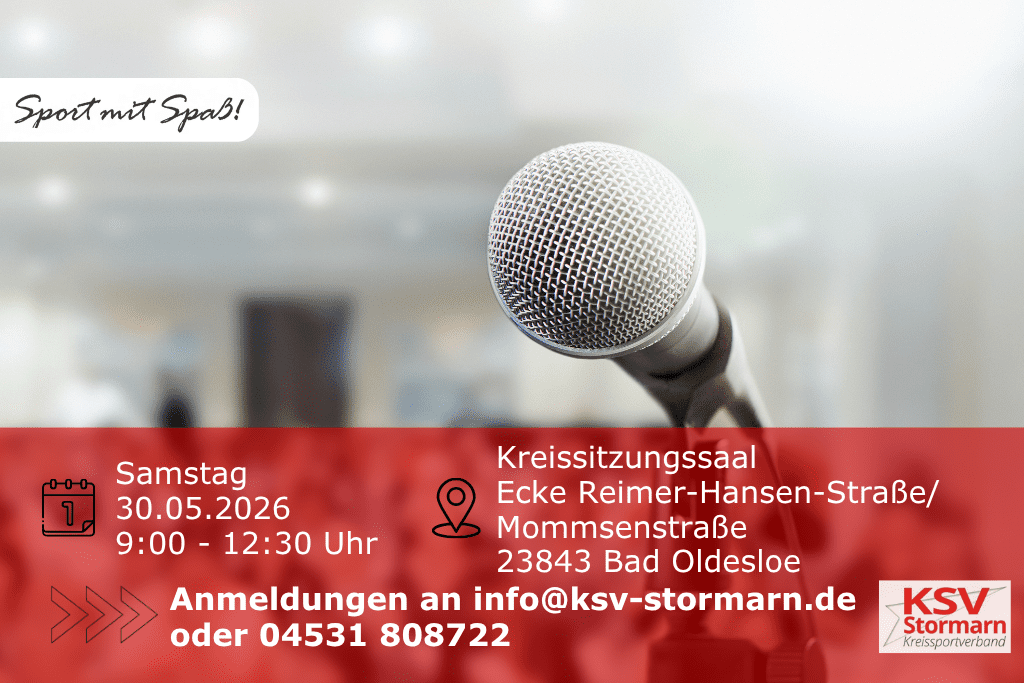Mikrofon im Vordergrund. Verschwommener Hintergrund. Bild enth&auml;lt Orts- und Datumsangabe sowie das Logo des Kreissportverbandes Stormarn
