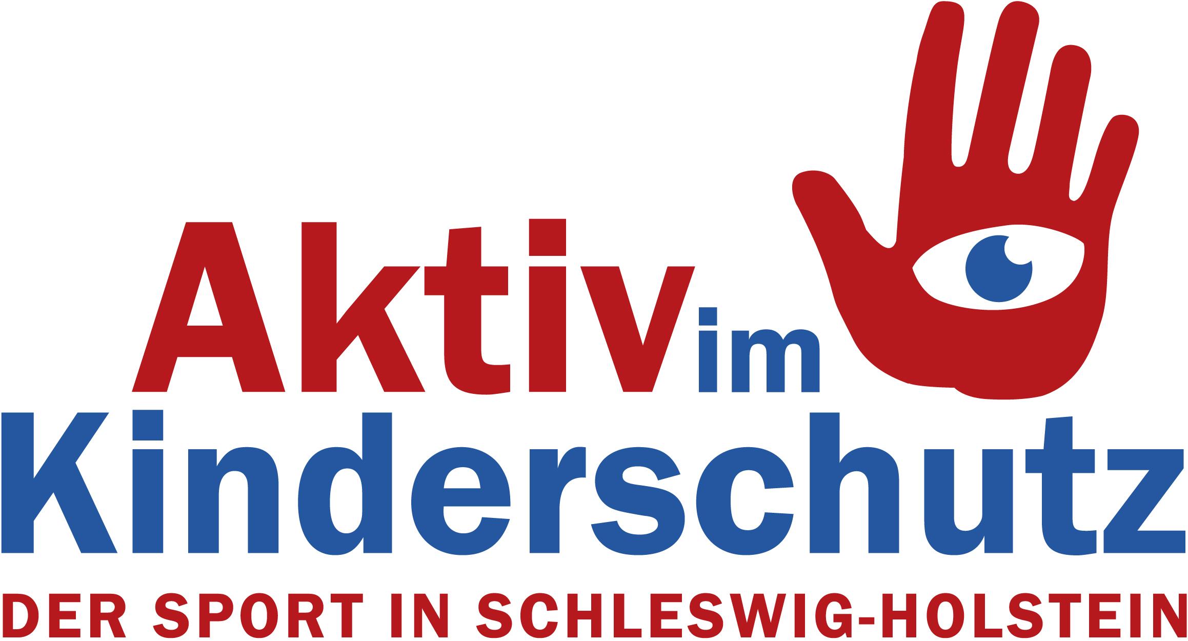 Logo von "Aktiv im Kinderschutz" mit roter Hand und Auge, Text in Rot und Blau, Symbol für Kinderschutz im Sport.
