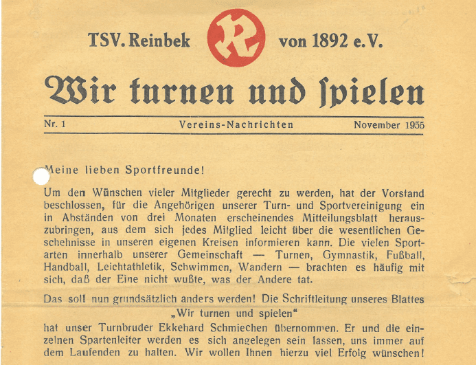 Titelblatt der 1. Vereinszeitung, auf dem Paul Luckow erkl&auml;rt, warum es viertelj&auml;hrlich ein Mitteilungsblatt geben soll