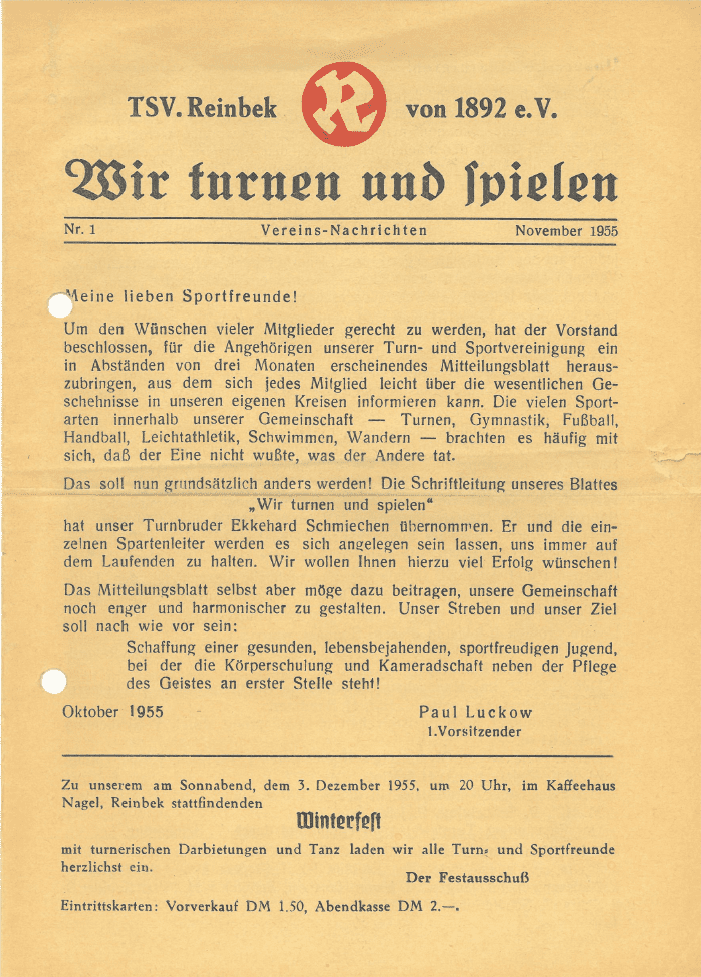 Titelblatt der 1. Vereinszeitung, auf dem Paul Luckow erkl&auml;rt, warum es viertelj&auml;hrlich ein Mitteilungsblatt geben soll