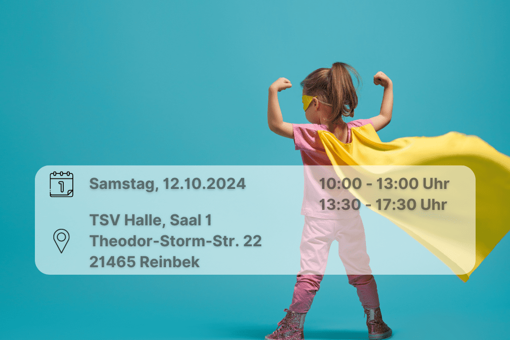 Kinderschutzseminare Oktober 2024 Ein kleines Mädchen mit Superheldenumhang, inklusive Datumsangabe.