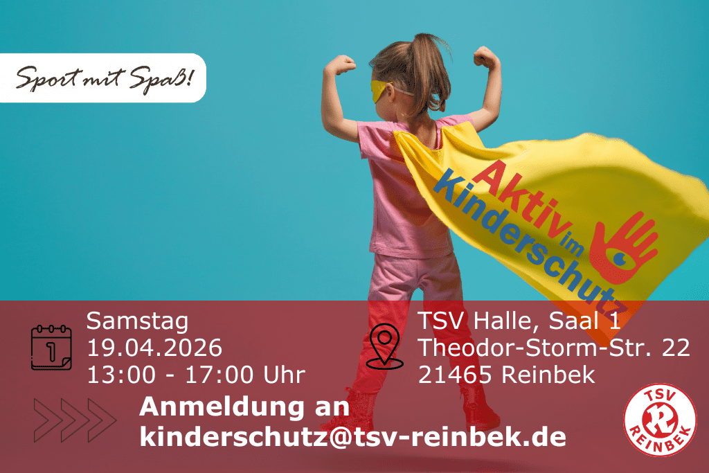 Seminar Aktiv im Kinderschutz Mädchen mit Superhelden-Umhang mit der Aufschrift "Aktiv im Kinderschutz". Bild enthält Orts- und Datumsangabe