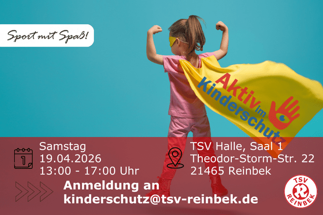 M&auml;dchen mit Superhelden-Umhang mit der Aufschrift "Aktiv im Kinderschutz". Bild enth&auml;lt Orts- und Datumsangabe