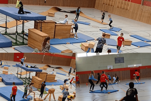 Kinde spielen Ticken auf verschiedenen Turnger&auml;ten.