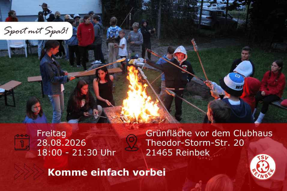 Sommerabend der Vereinsjugend Kinder sitzen um ein Lagerfeuer herum und backen Stockbrot