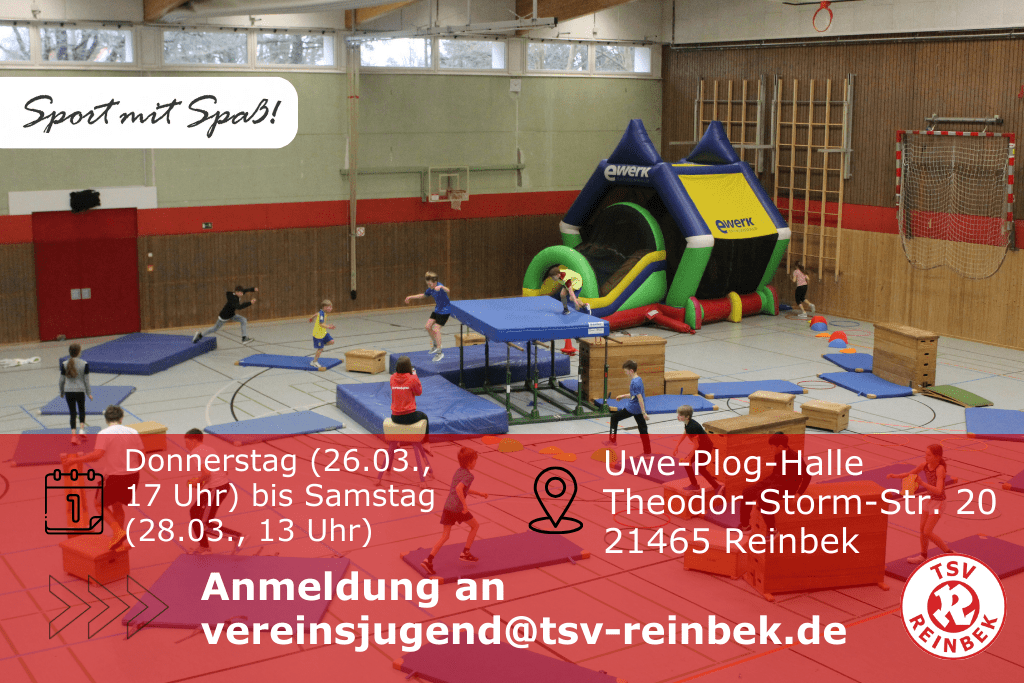 Kinder spielen in der Uwe-Plog-Halle auf Matten, Turnger&auml;ten und einer H&uuml;pfburg.