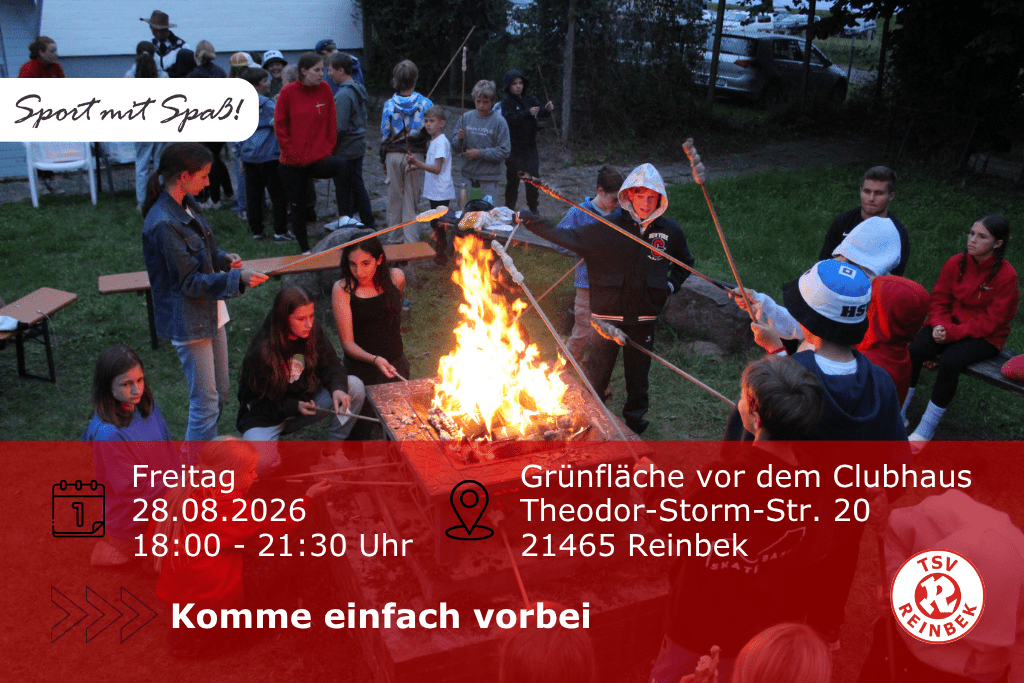 Kinder sitzen um ein Lagerfeuer herum und backen Stockbrot