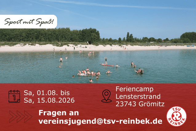 Badende Personen in der Ostsee mit Strand im Hintergrund. Davor Ort- und Datumsangabe sowie Kontaktdaten