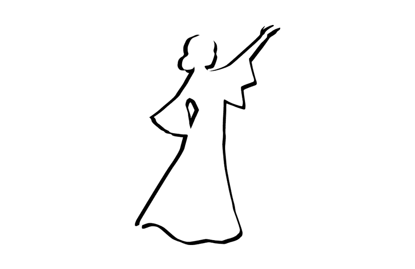 Silhouette einer elegant gekleideten Frau in einem langen Kleid, die einen Arm erhoben hat.