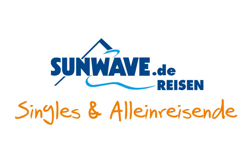 Logo von Sunwave Reisen, das den Text „Singles & Alleinreisende“ in orange enthält.