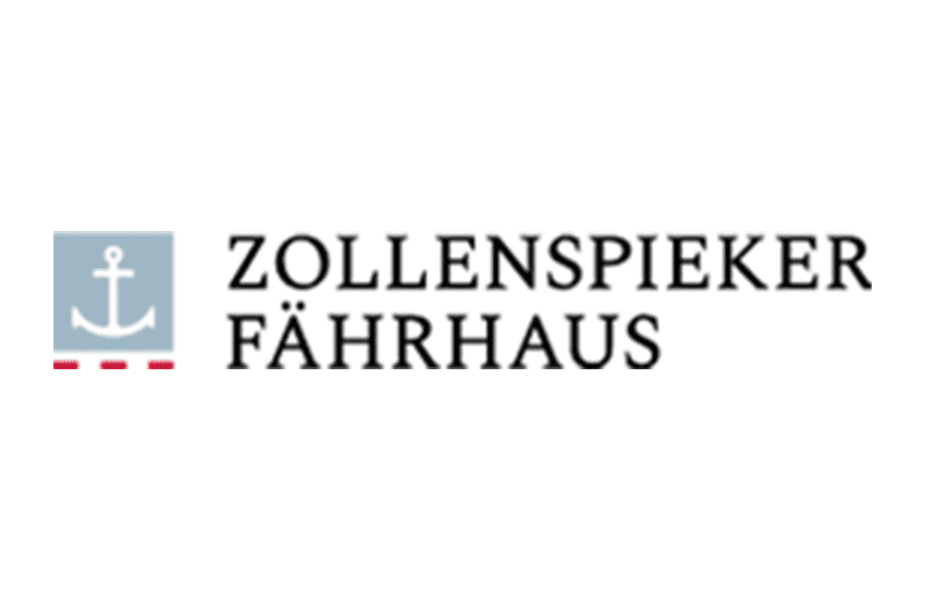 Logo des Zollenspieker Fährhauses mit Anker-Symbol und Schriftzug in schwarzer und blauer Farbe auf hellem Hintergrund.