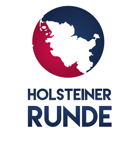 Logo der Holsteiner Runde mit einer stilisierten Landkarte in rot und blau. Schriftzug „HOLSTEINER RUNDE“ in blau darunter.