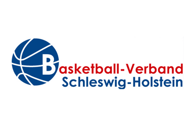 Logo des Basketball-Verbandes Schleswig-Holstein mit blauem Basketball-Symbol und Schriftzug in Rot und Blau.