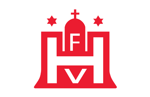 Logo der Hamburger SV in Rot mit stilisierter Kirche, Kreuz und den Buchstaben "HSV".