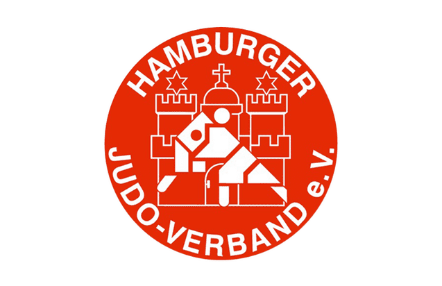 Logo des Hamburger Judo-Verbandes e.V. mit stilisiertem Judoka vor einer markanten Stadtsilhouette.