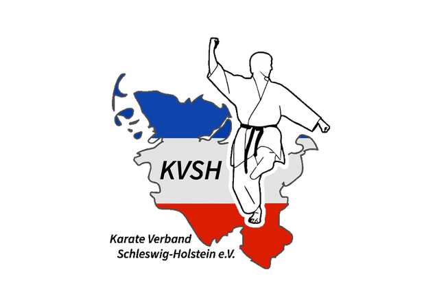 Logo des Karate Verbands Schleswig-Holstein e.V. mit Karateka und den Farben der Bundeslandflagge.