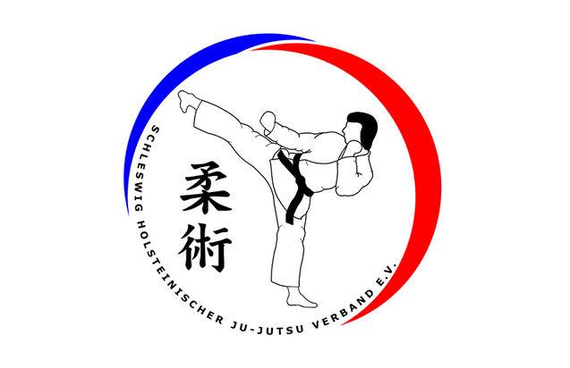 Logo des Schleswig-Holsteinschen Ju-Jutsu Verbands mit einem Kämpfer, der einen hohen Kick ausführt.