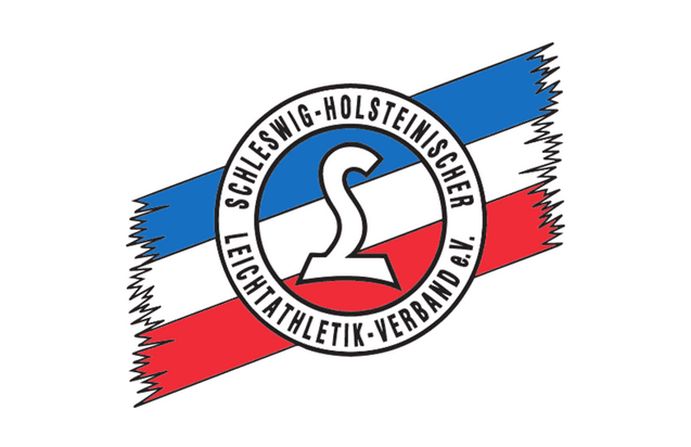 Logo des Schleswig-Holsteinischen Leichtathletik-Verbandes mit blauen, roten und weißen Wellenlinien im Hintergrund.