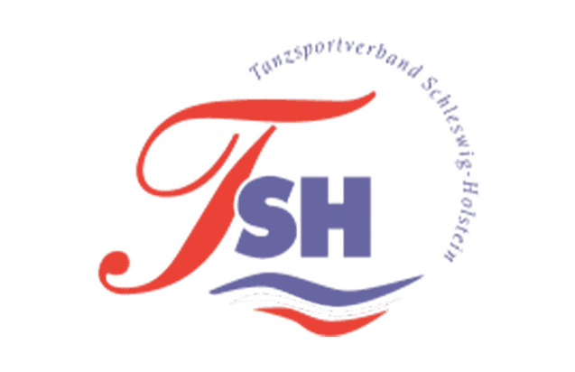 Logo des Tanzsportverbands Schleswig-Holstein mit stilisierten Wellen und den Buchstaben TSH in Rot und Blau.